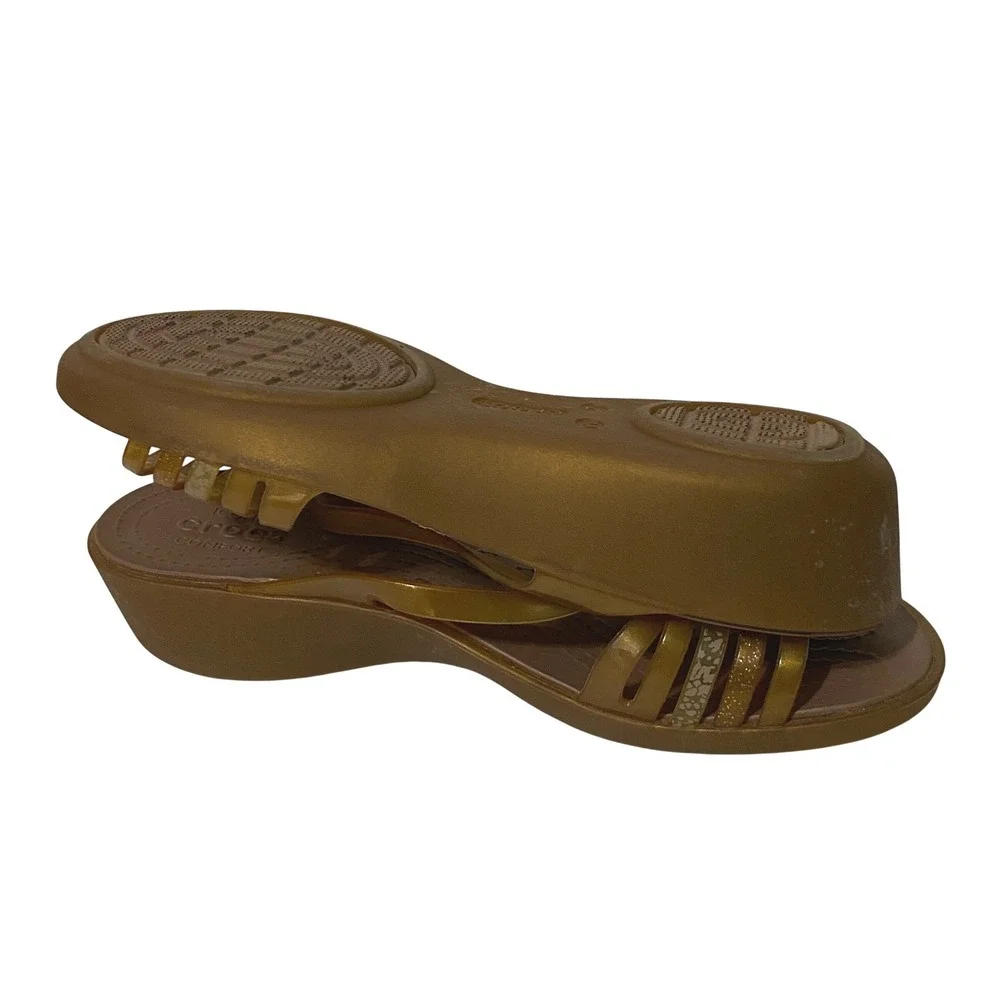 Crocs Isabella Strappy Mini Wedge Sandals Bronze Gold Glitter Slides Womens 7
